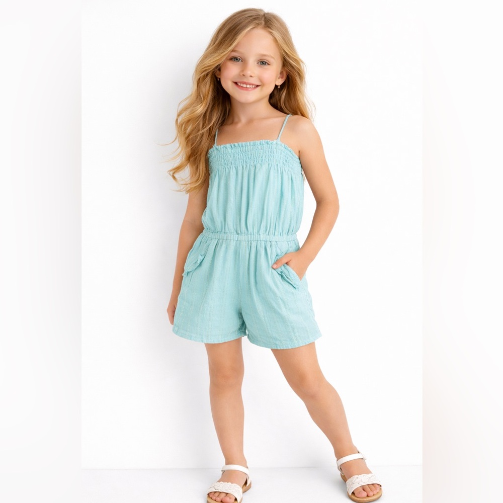 Janie and Jack Girls Blue Lurex Stripe Smocked Romper Size 5 Summer Outfit